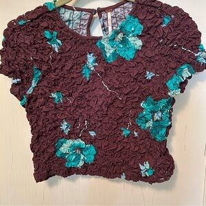 Free People Cropped Ruched Brown Turquoise Top